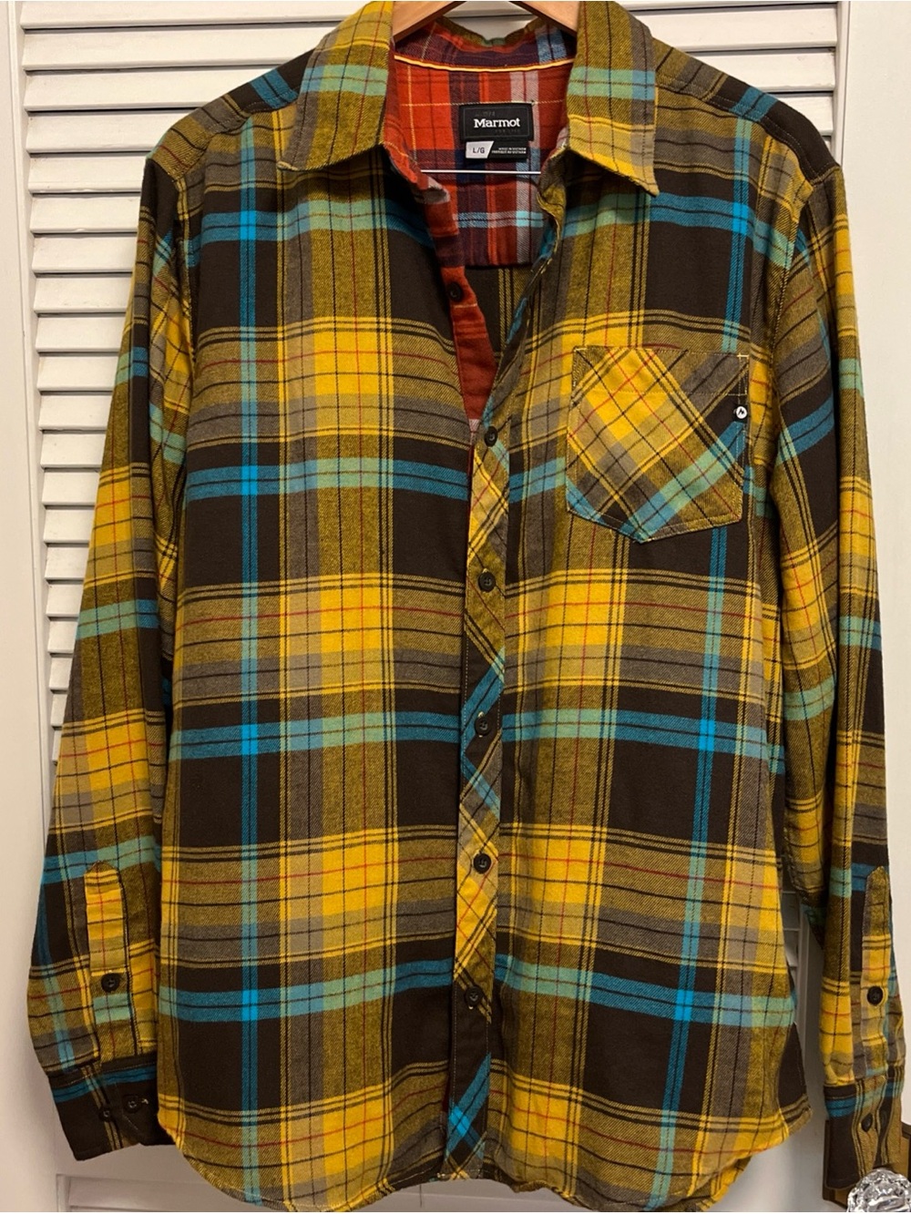 Marmot Men's Yellow Plaid Flannel Shirt Size Large hiking, outdoors, fall